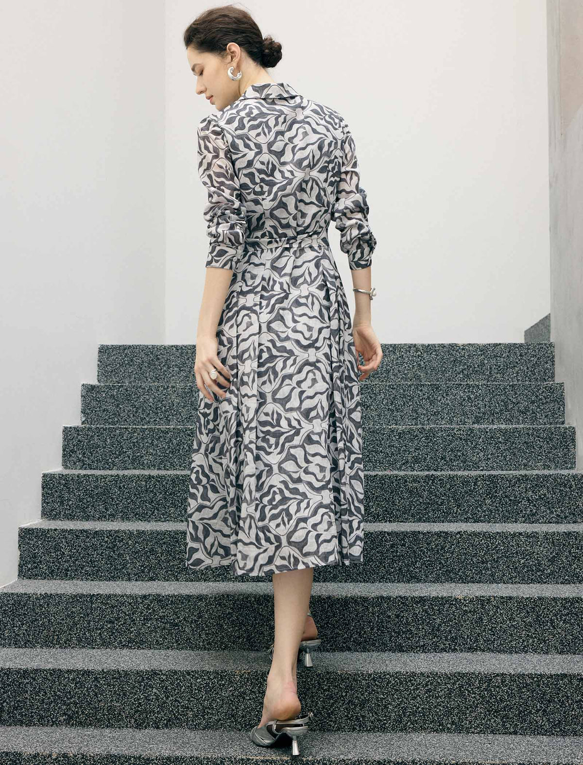 Abstract Floral Print Belted Long Sleeve Midi Shirt Dress
