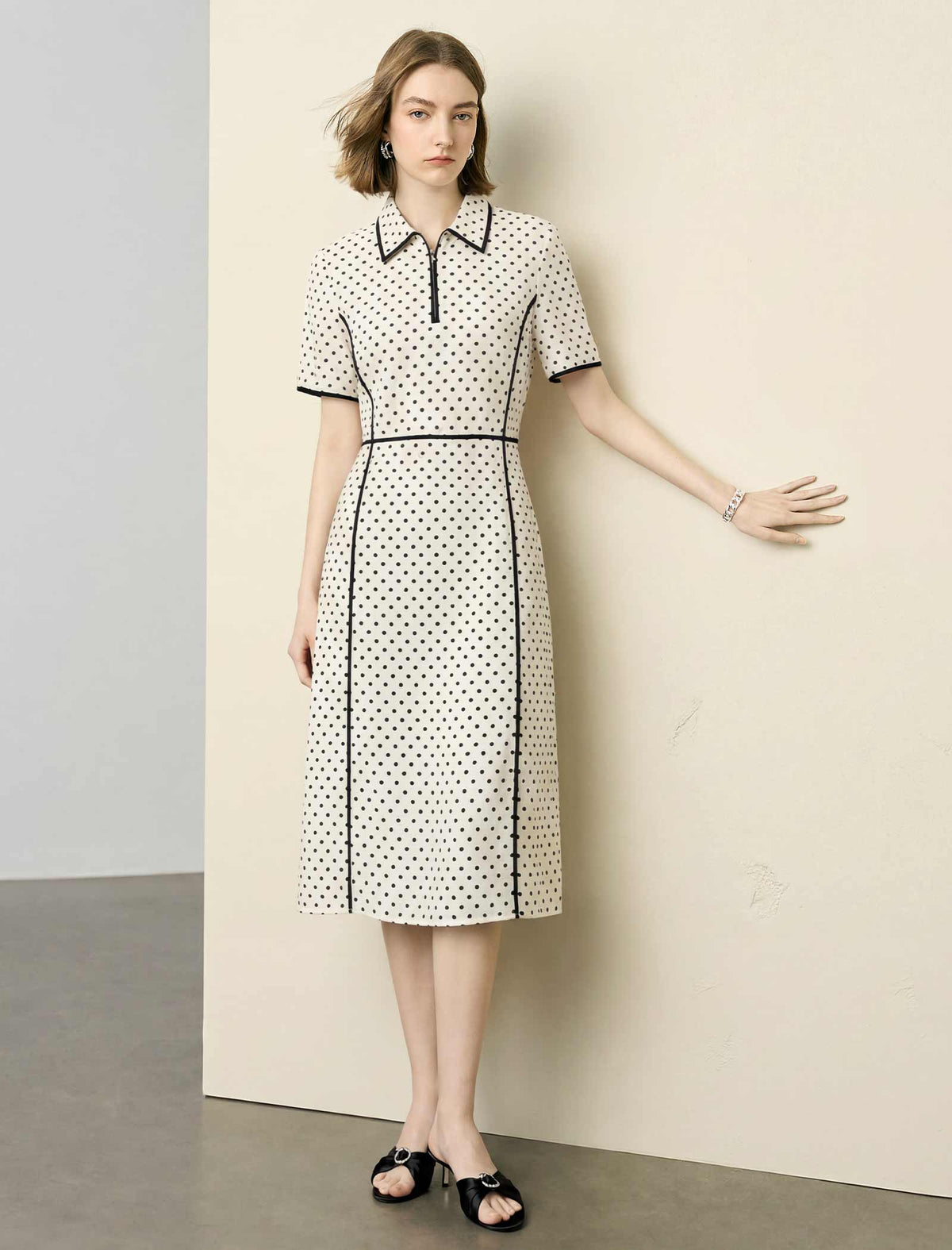 Ivory Polka Dot Contrast Trim Midi Shirt Dress