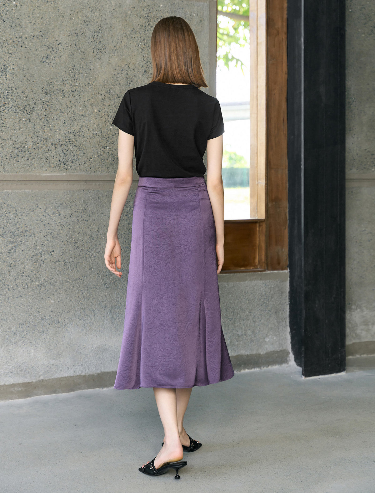Purple Textured Satin Mermaid Midi Skirt