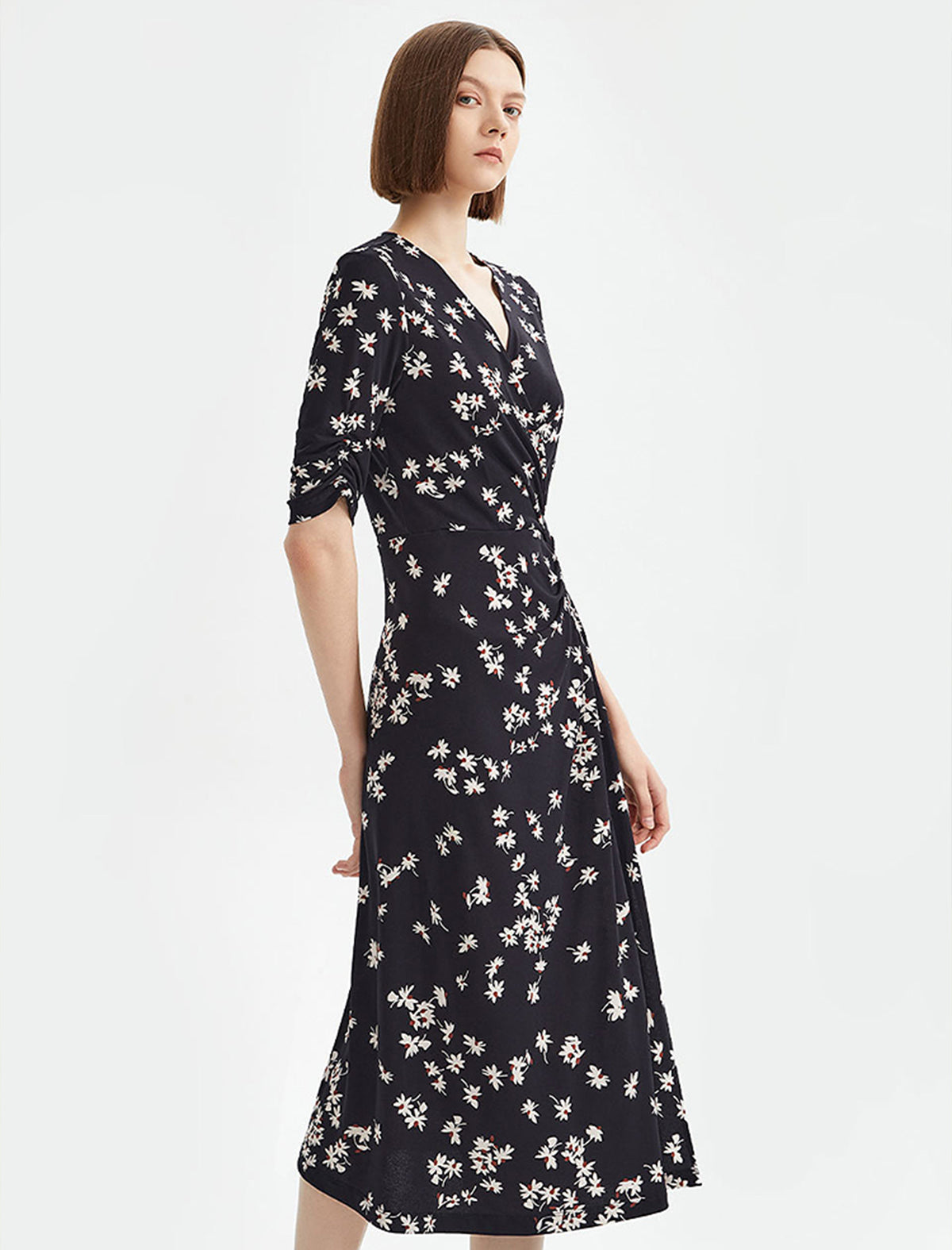 Floral Print Wrap Side Slit Midi Dress