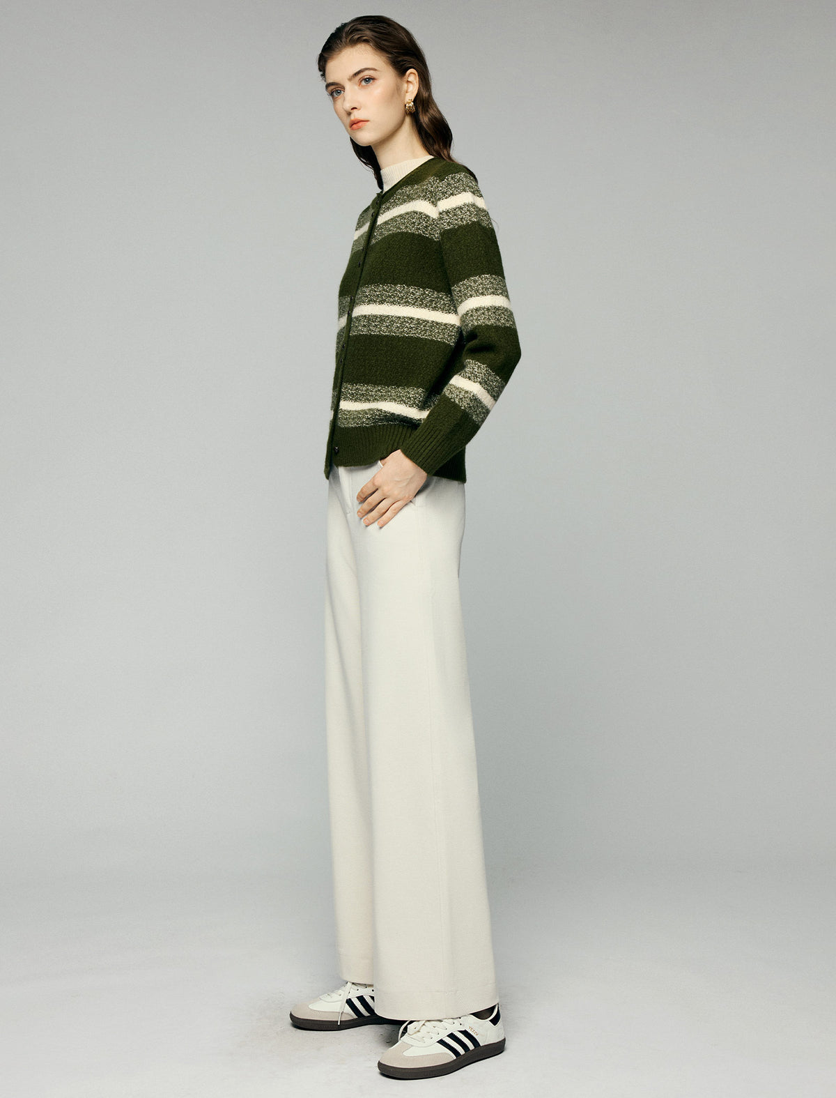 Striped Crewneck Drop-Shoulder Button-Front Cardigan
