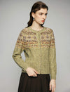 Wool Blend Fair Isle Cable-Knit Crewneck Button-Front Cardigan