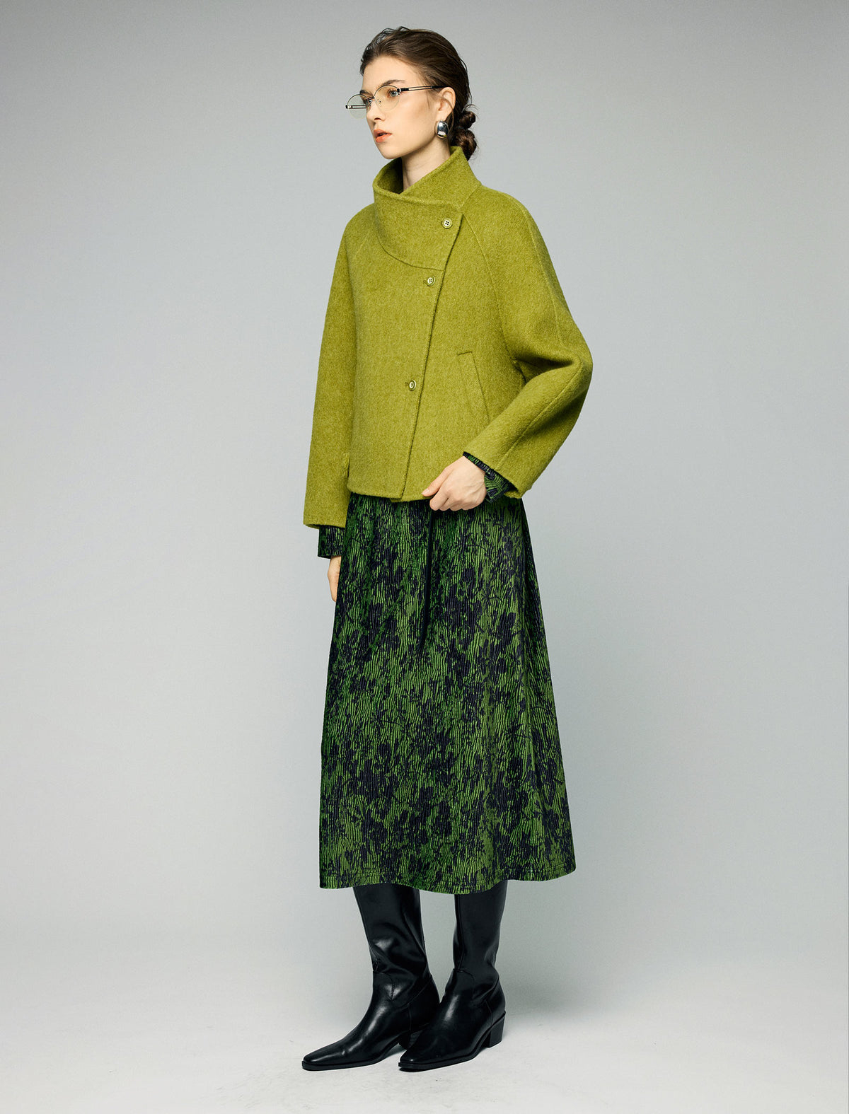 Wool Blend Ruched-Lapel Raglan-Sleeve Cropped Jacket