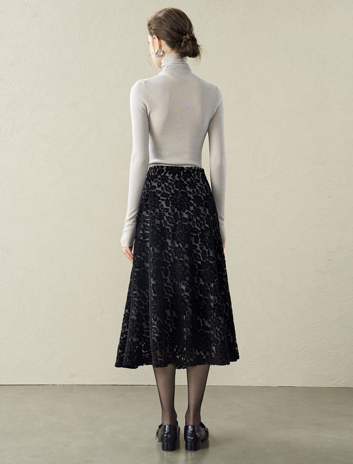 Black Floral Lace Midi Skirt