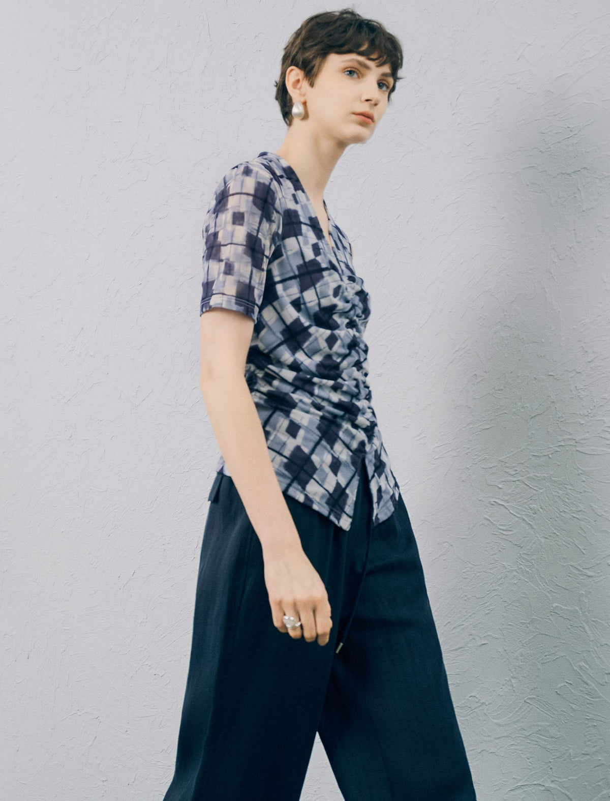 Blue Checked Ruched Front Top