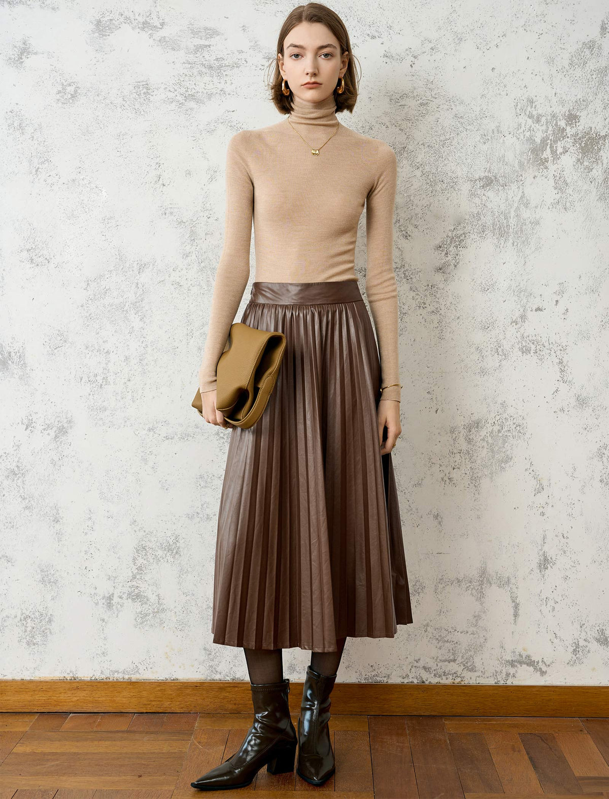 Pleated Faux Leather Midi Skirt