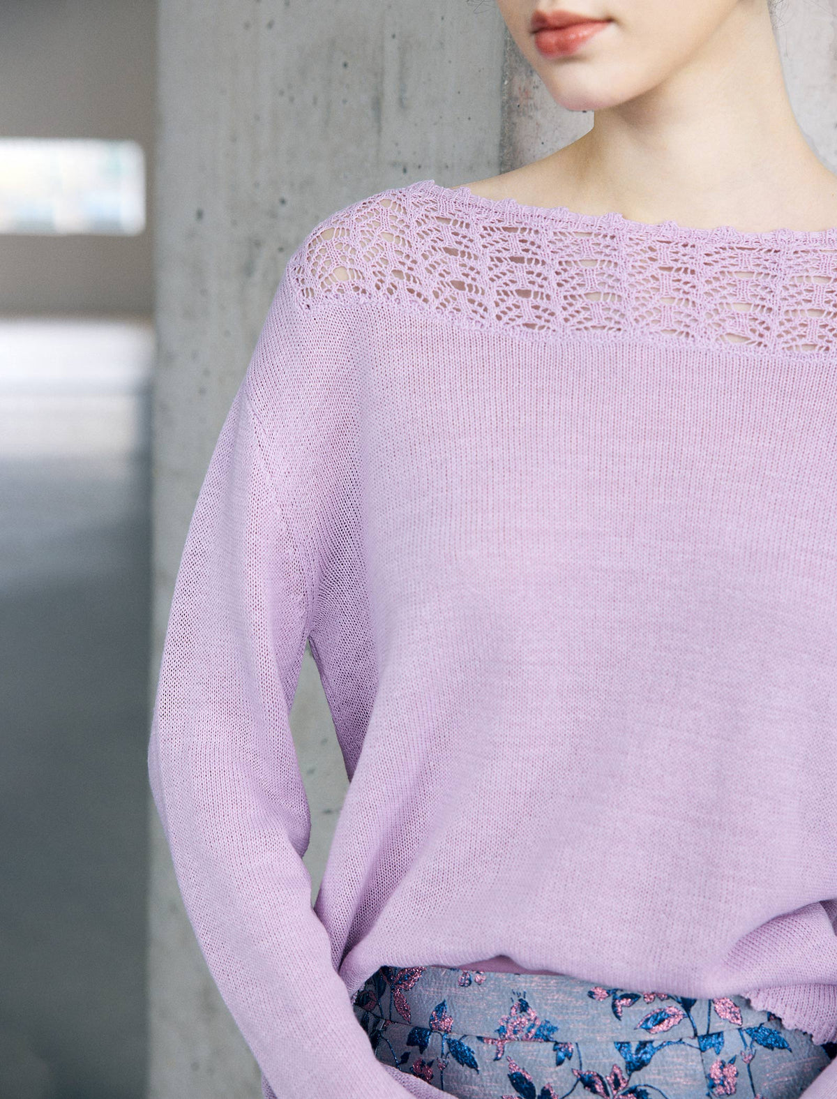 Wool Blend Pointelle Yoke Crew Neck Sweater