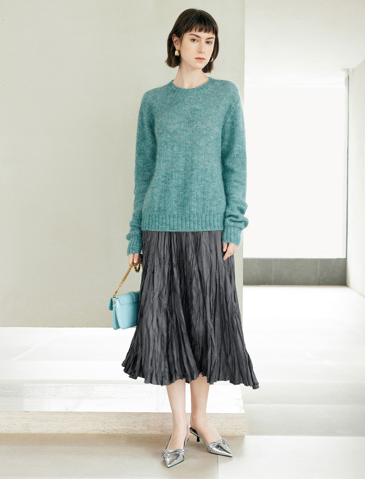 Crinkled Pleated Elastic Waist Midi Skirt