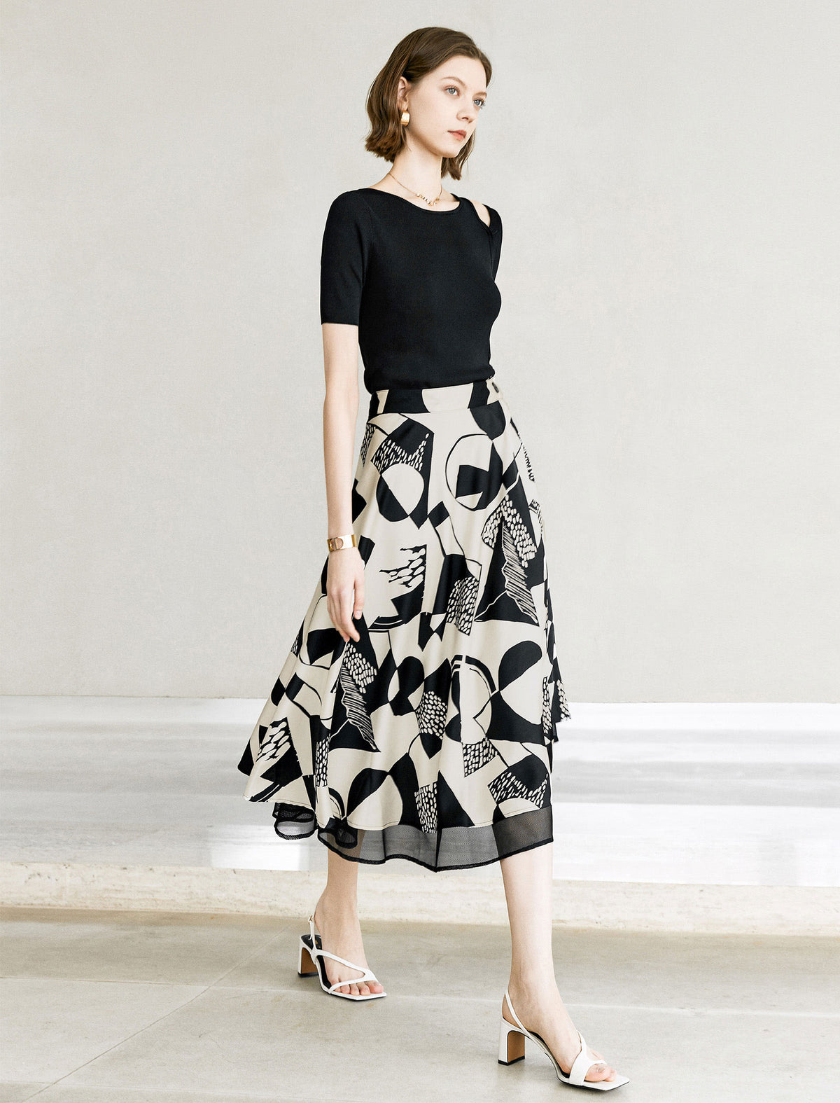 Reversible Geometric Print Mesh Detail Midi Skirt