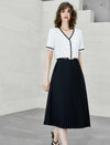 V-Neck Color-Block Waist-Cinched Pleated Dress