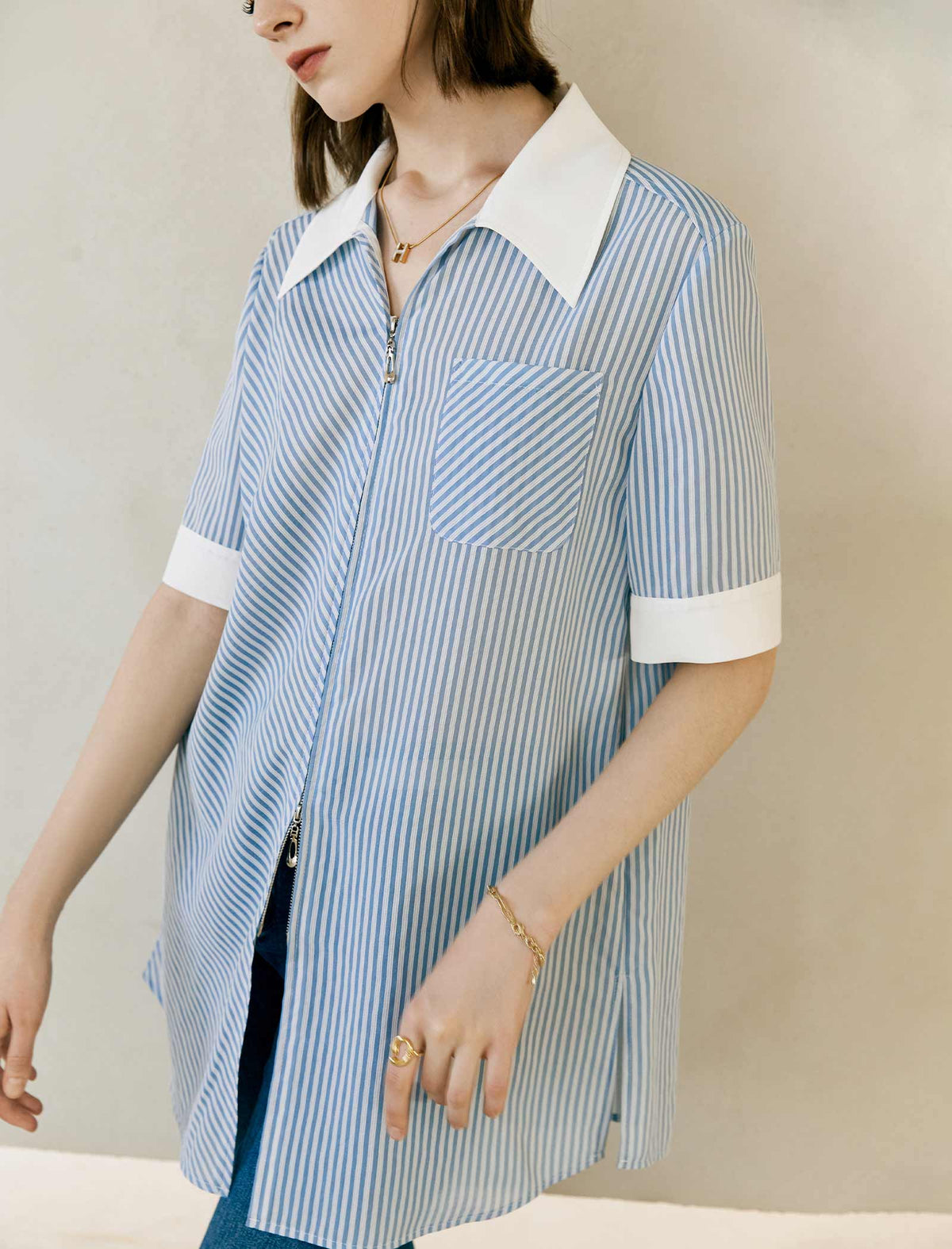 Striped Contrast Collar Relaxed Fit Shirt