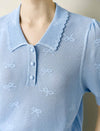 Puff Sleeve Polo Knit Top with Embroidery