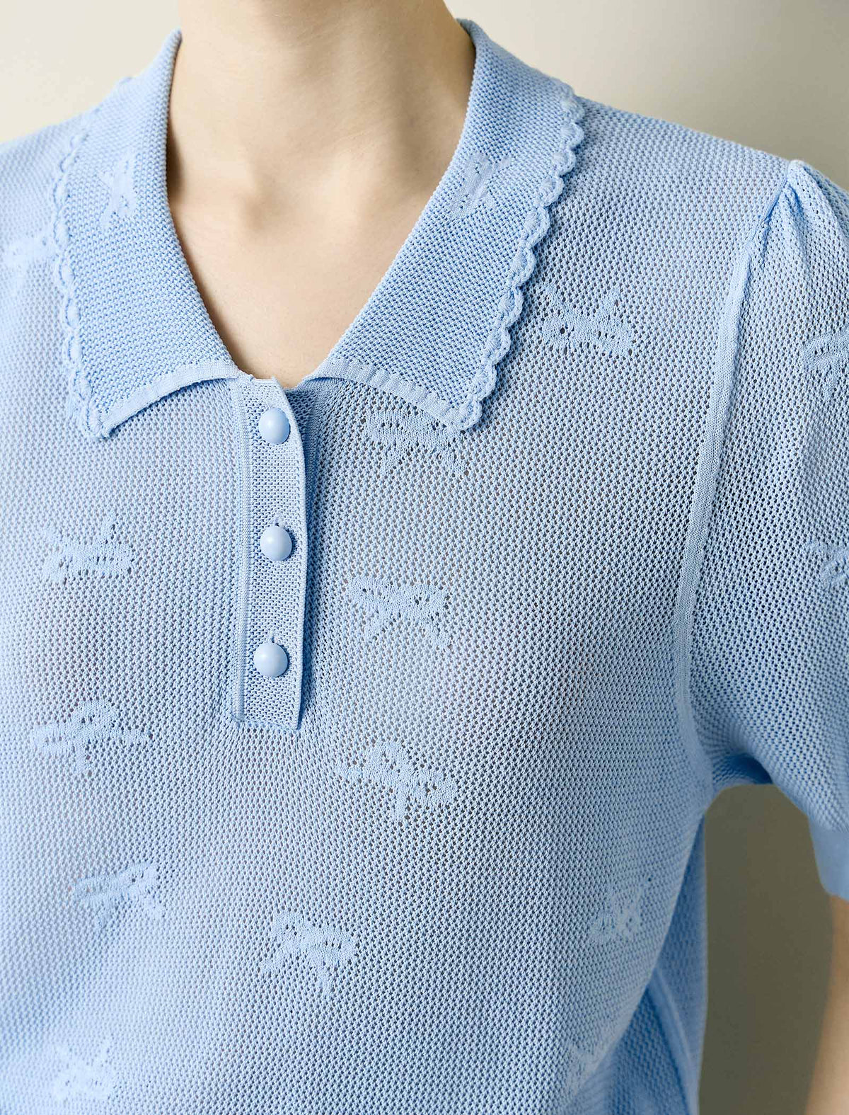 Puff Sleeve Polo Knit Top with Embroidery
