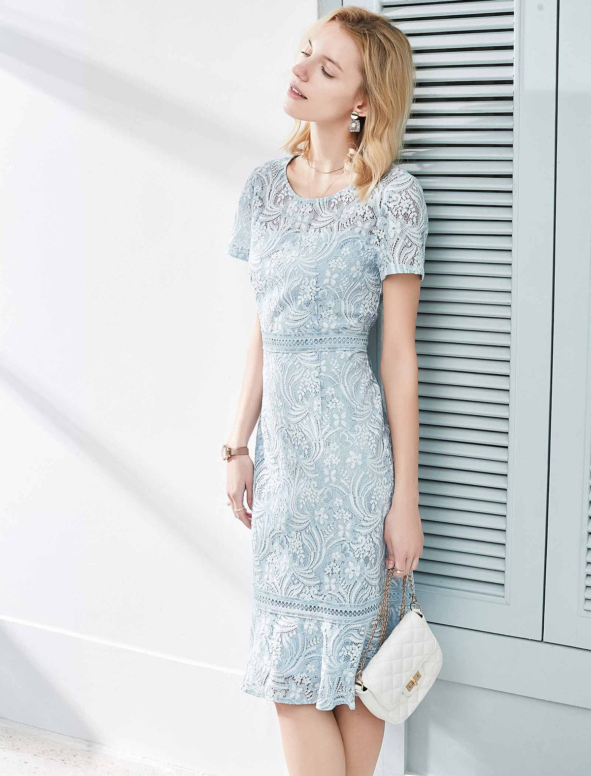 Dusty Blue Lace Ruffle Hem Midi Dress