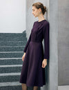 Diagonal-Button Crewneck Long Sleeve A-Line Midi Dress