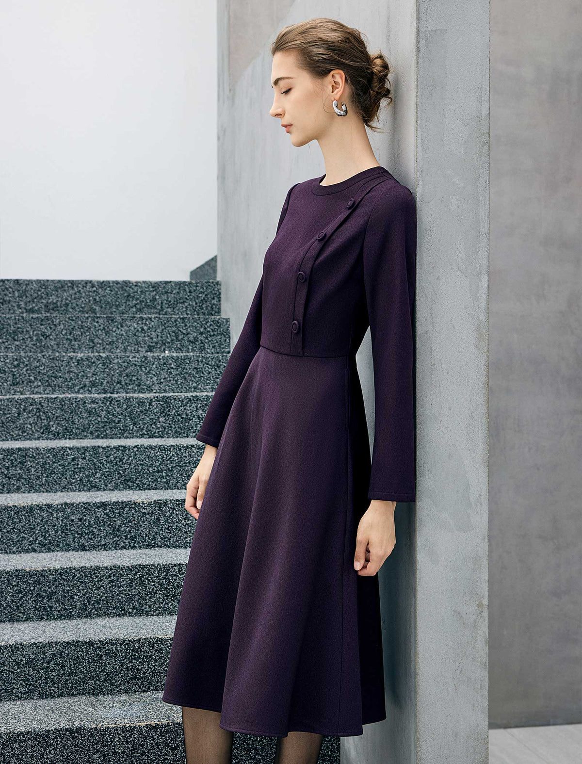 Diagonal-Button Crewneck Long Sleeve A-Line Midi Dress