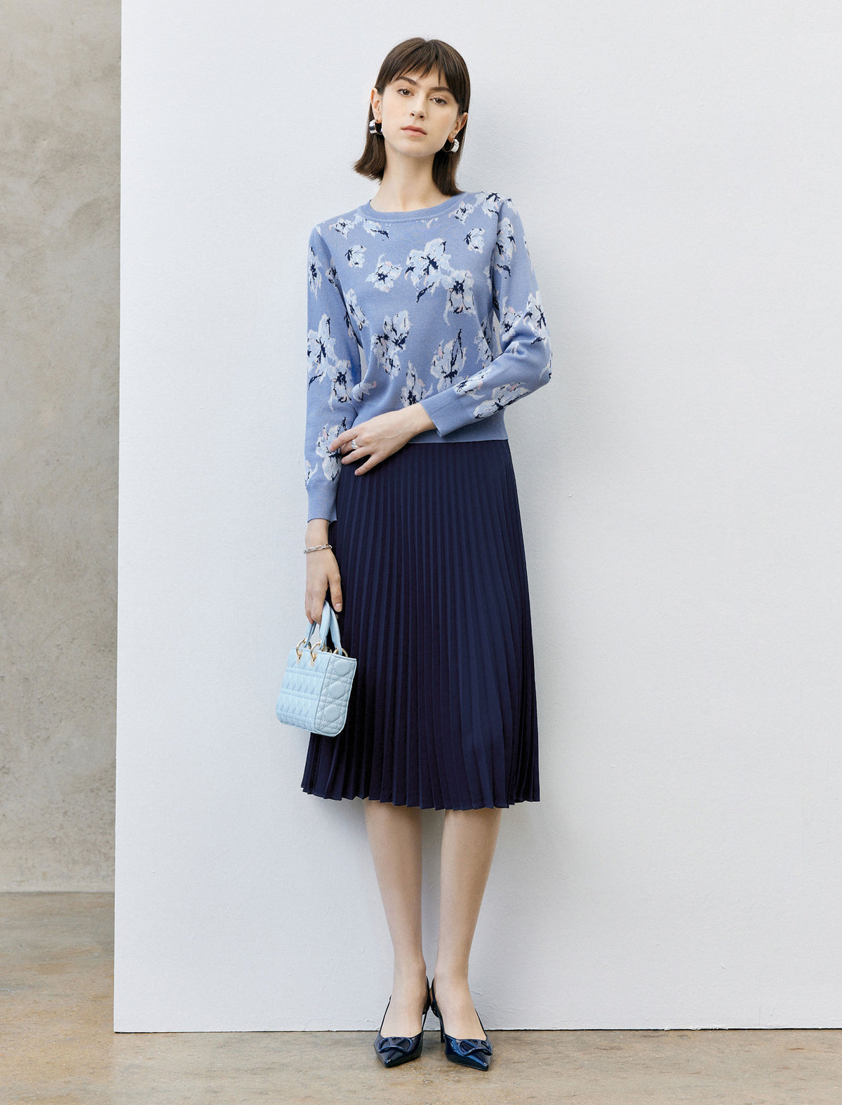 Navy High Waist Pleated Midi Skirt