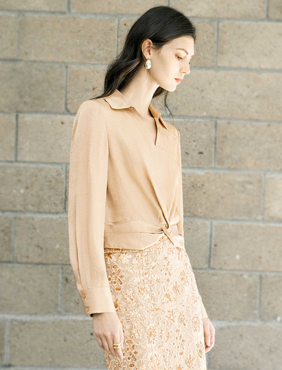 Collared Twist‑Waist Long Sleeve Blouse