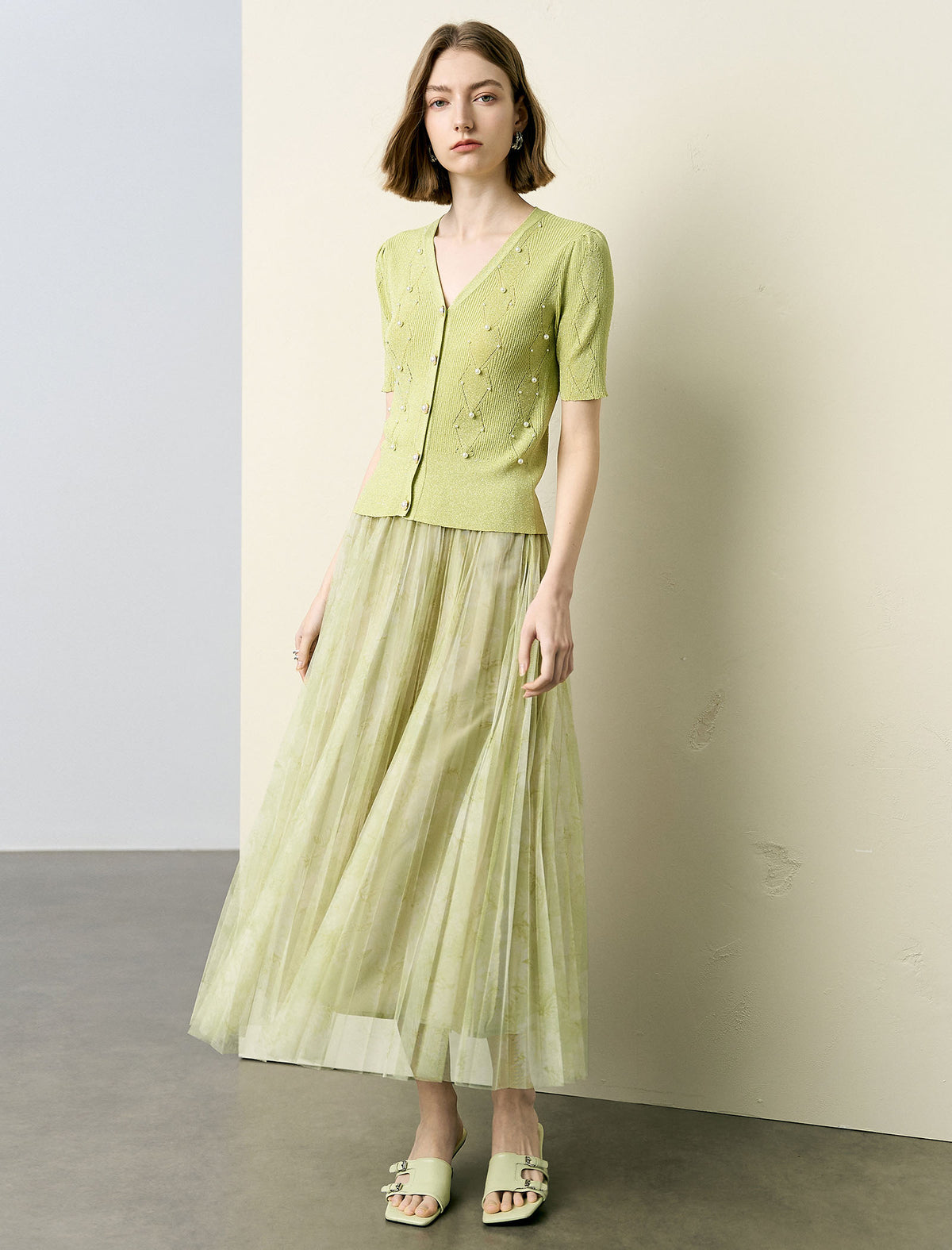 Light Green Tulle Pleated Midi Skirt