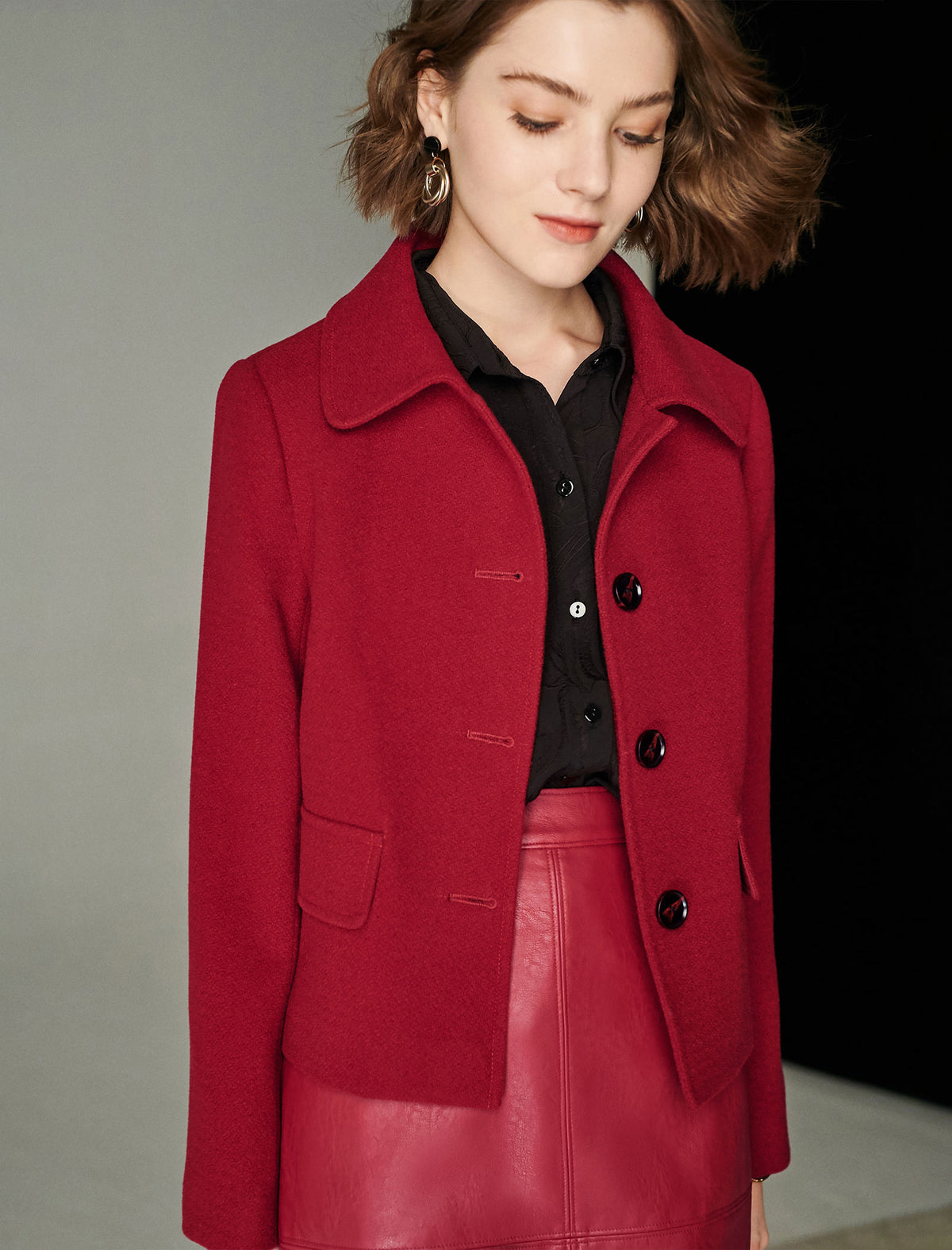 Wool Blend Textured Collared Button-Front Jacket