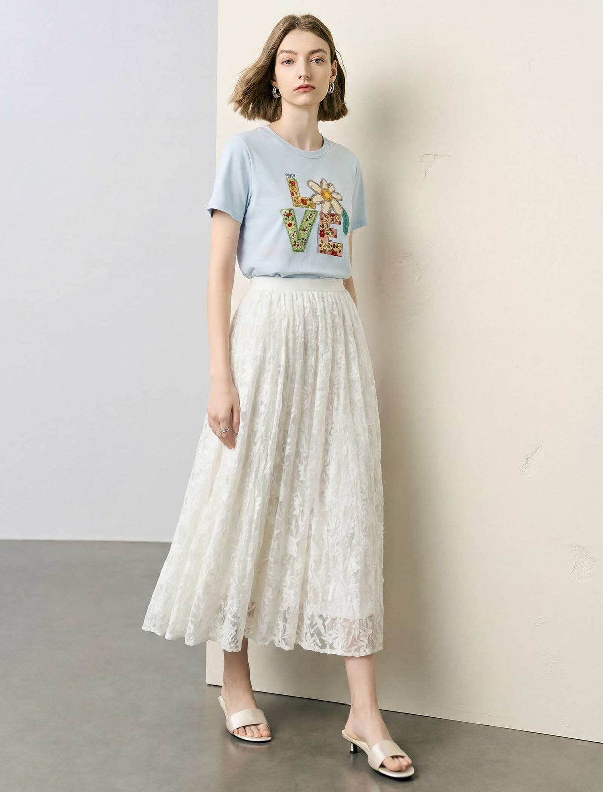 Sequin Floral Lace Midi Skirt