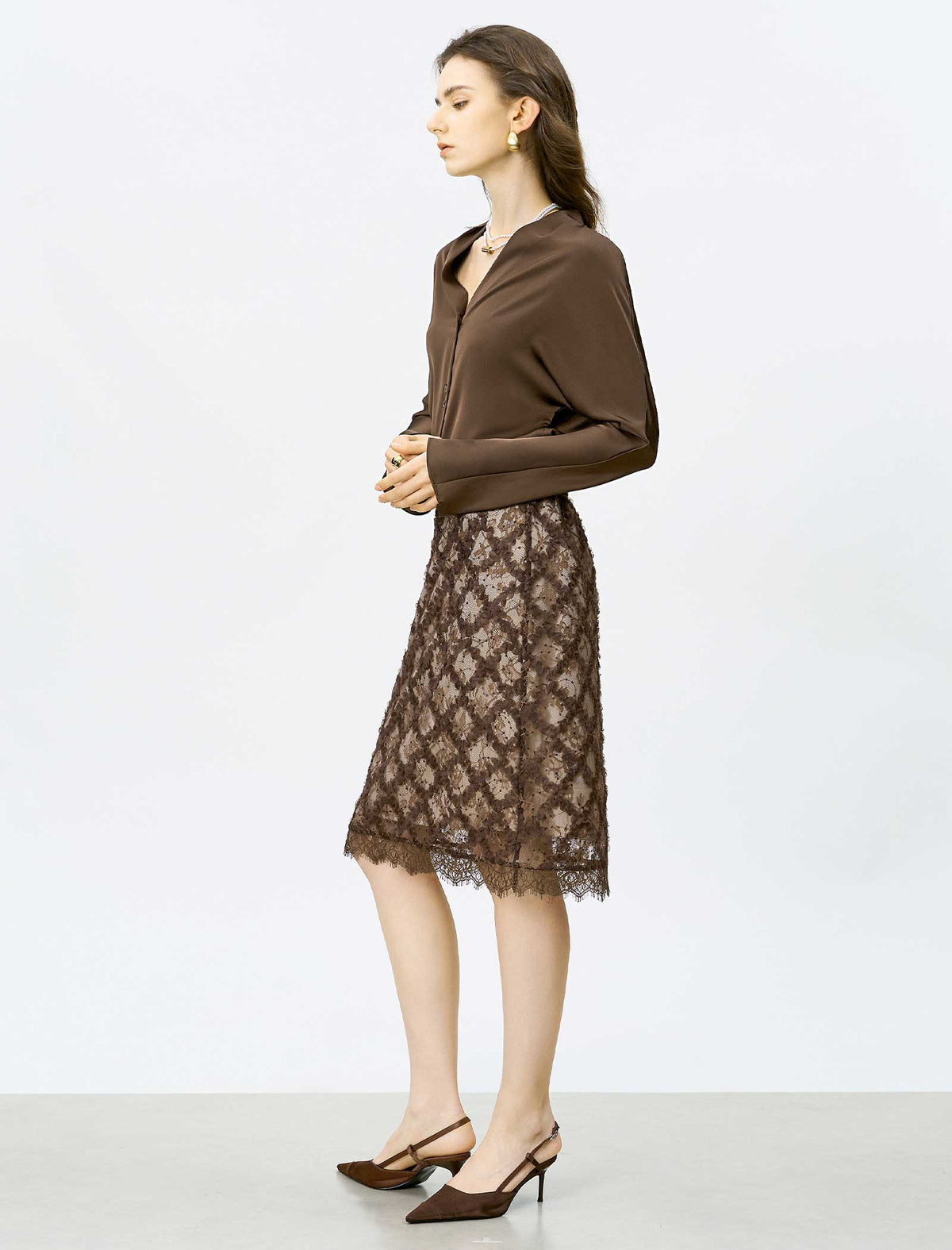 Brown Lace Embroidered Midi Skirt
