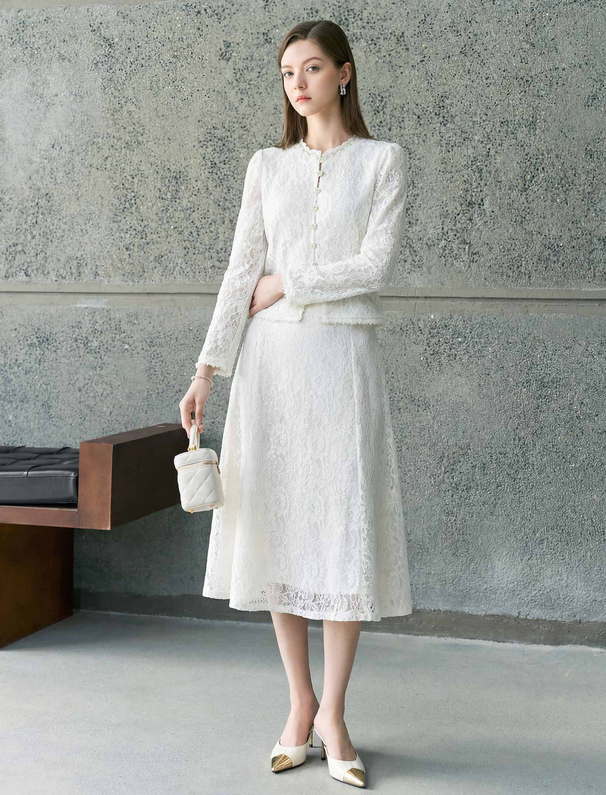 Beaded‑Trim Lace Long‑Sleeve Top