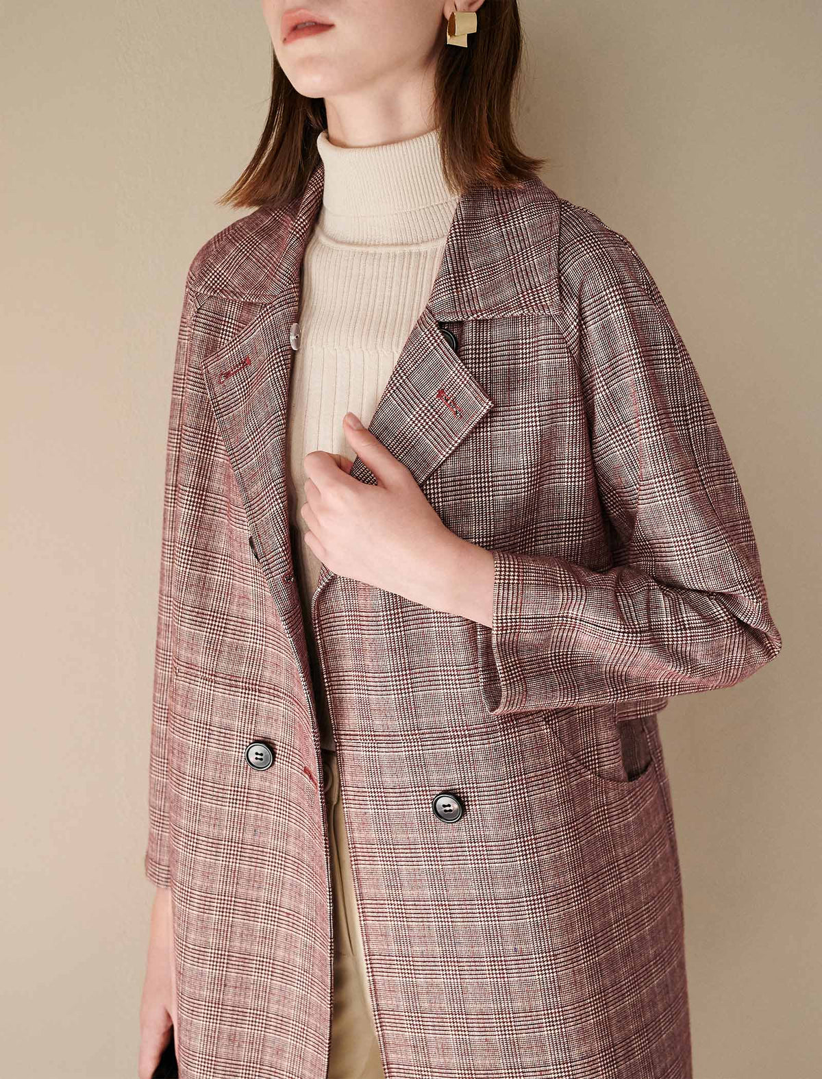 Plaid Collared Raglan-Sleeve Double-Breasted Trench Coat