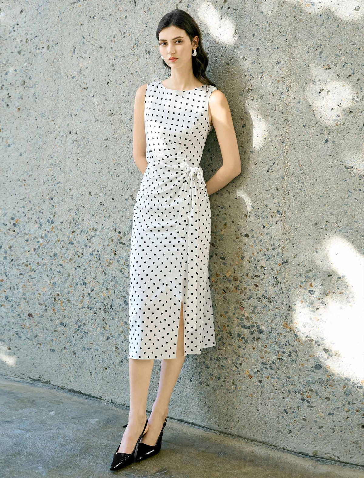 White And Black Polka Dot Tencel Linen Midi Dress