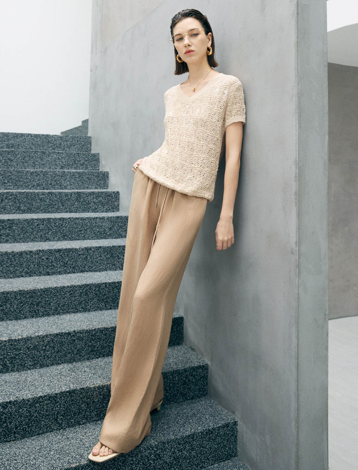Beige Wave Open Knit V-Neck Short Sleeve Top