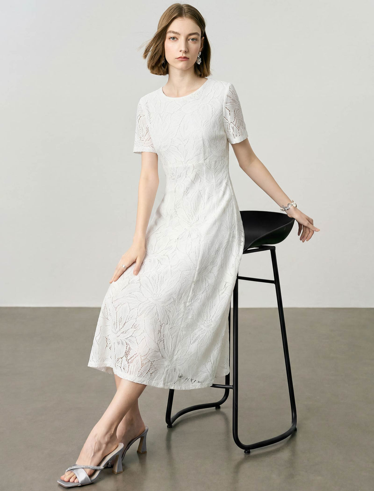 White Floral Lace Short Sleeve Fit And Flare Midi Dress