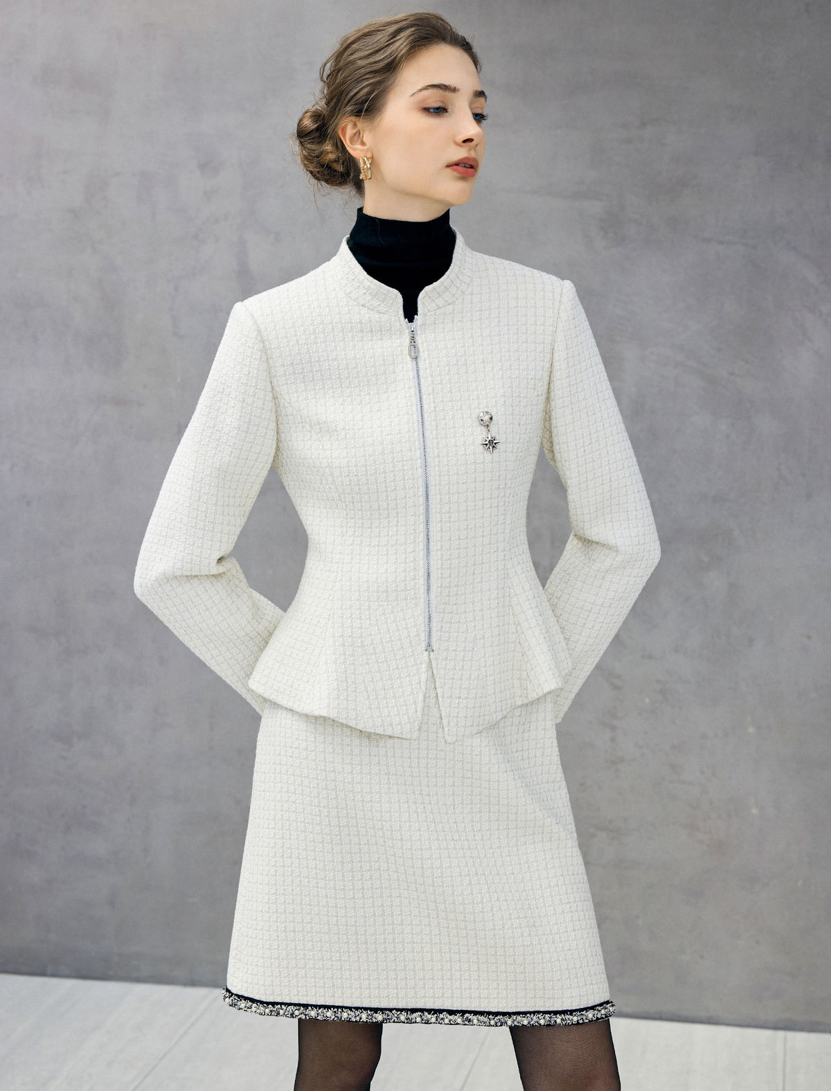 Wool Blend Braided-Trim High-Waist Straight Skirt
