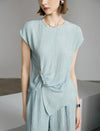 Textured Round Neck Ruched Detail Cap Sleeve Top