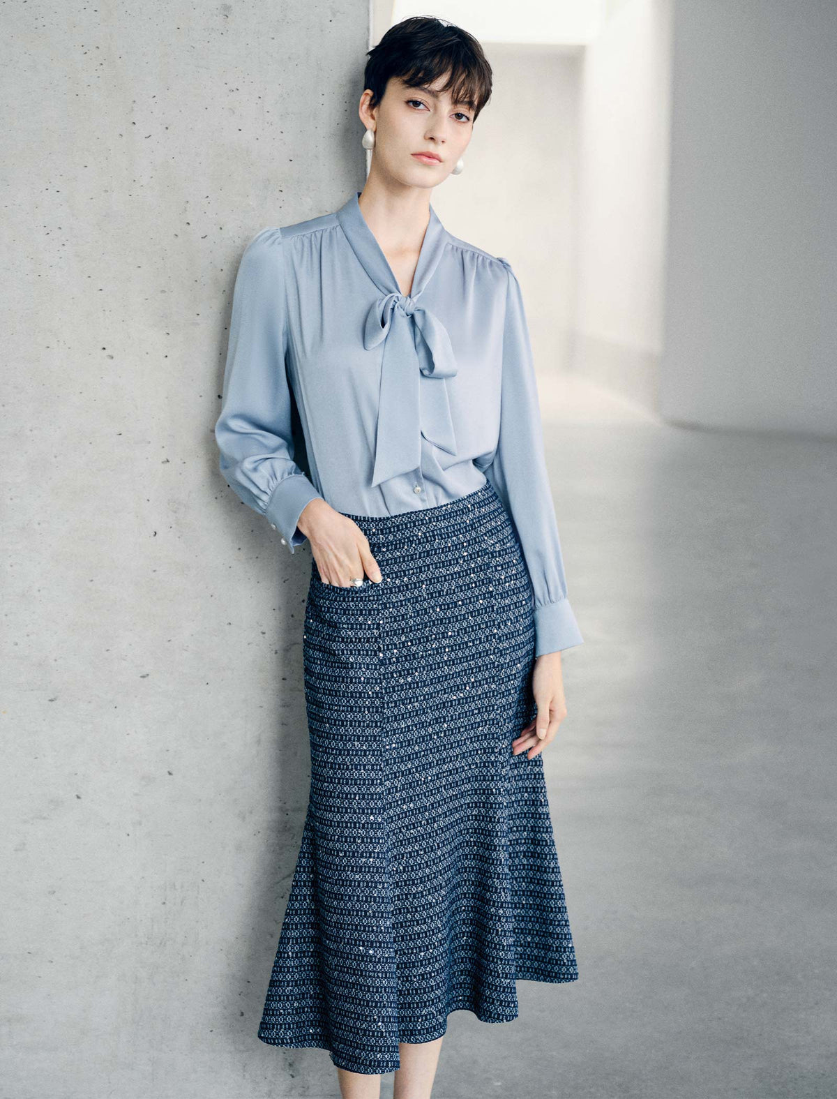 High Waist Textured Midi Mermaid Skirt