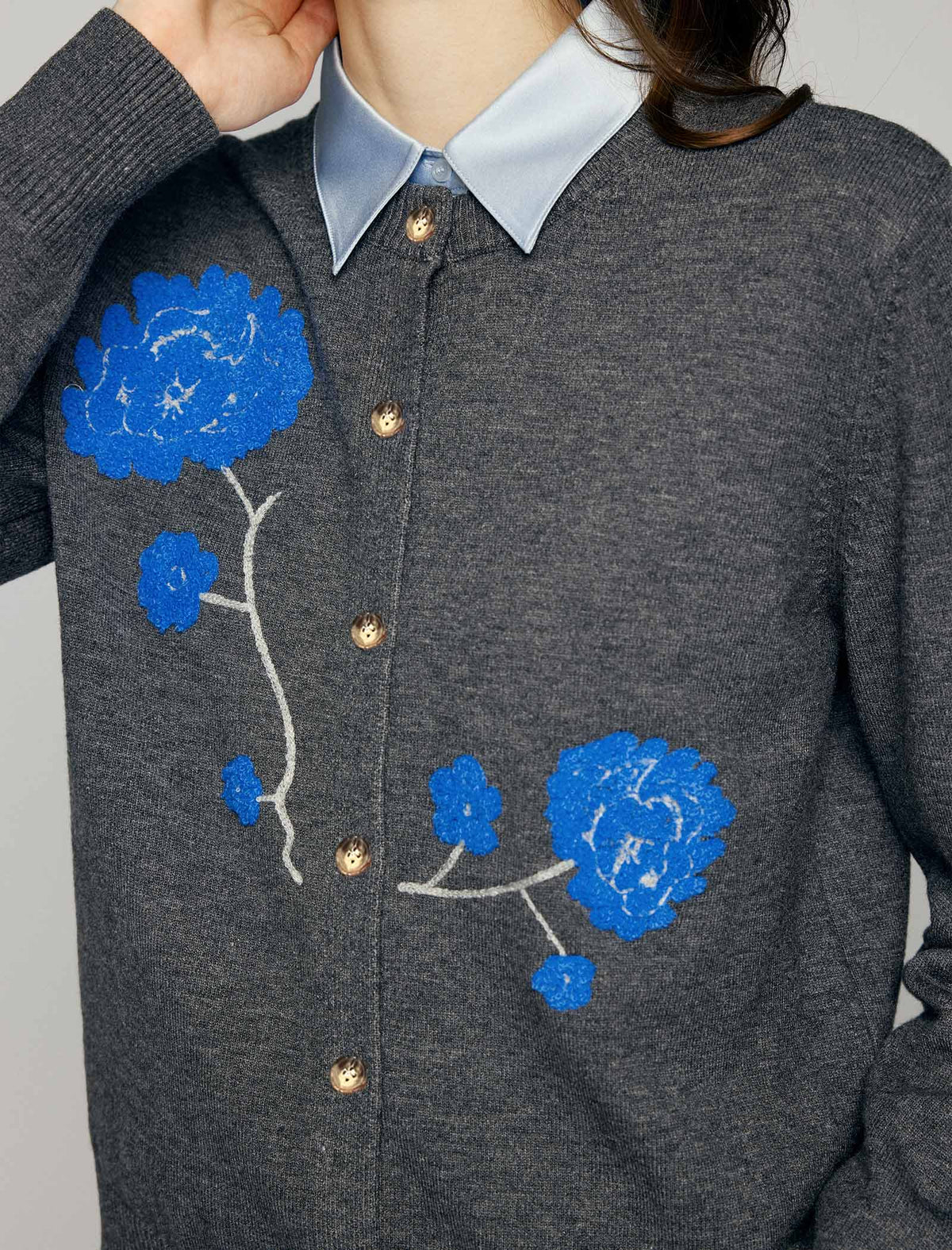 Wool Blend Floral Applique Crewneck Button-Front Cardigan