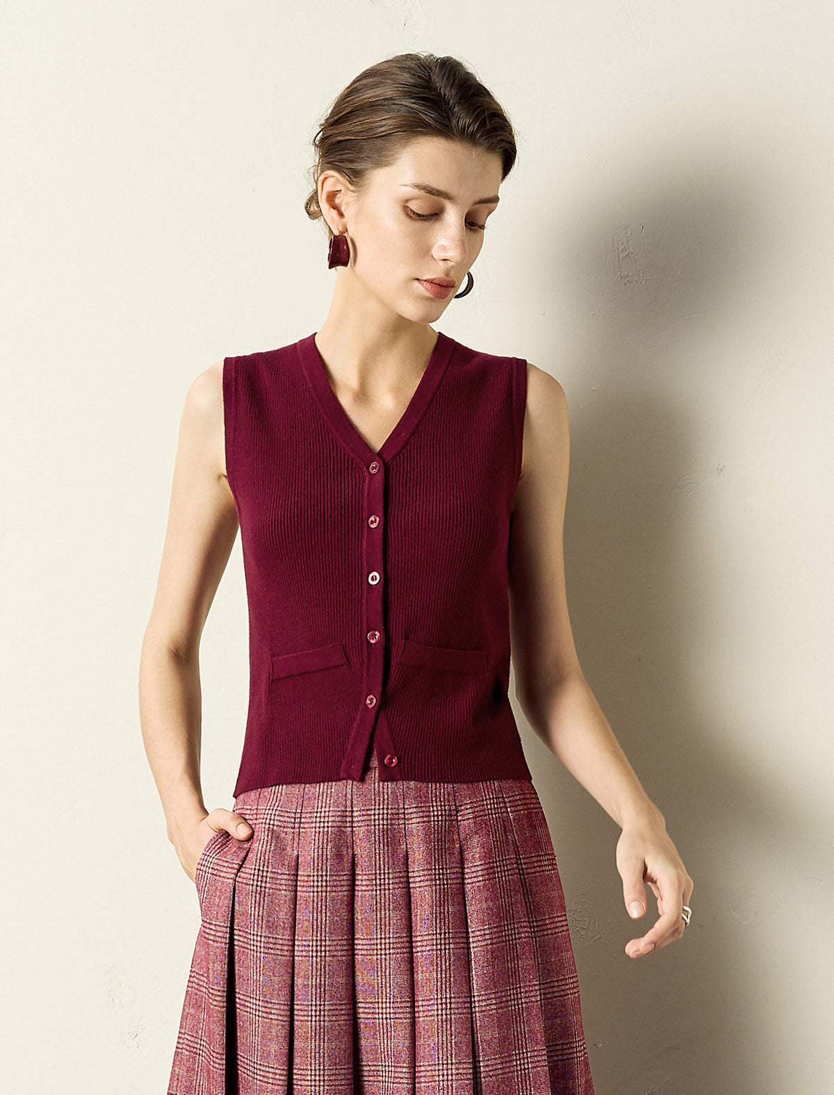 V-Neck Slim Fit Buttoned Knit Tank Top