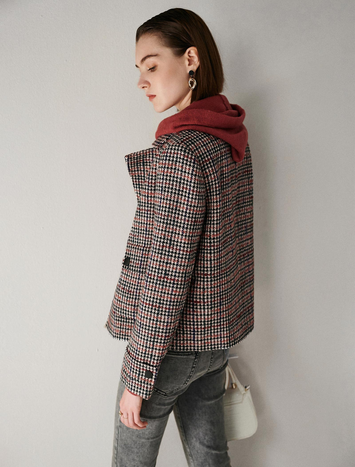 Plaid Button-Front Pocket Cropped Jacket