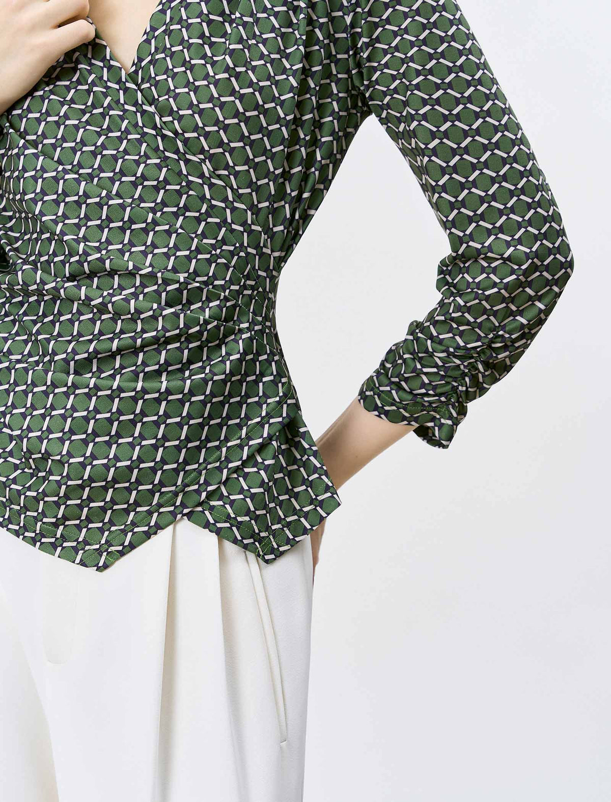 Green Geometric Print Wrap Blouse