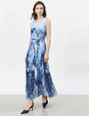 Ombre Blue Watercolor Pleated Sleeveless Maxi Dress