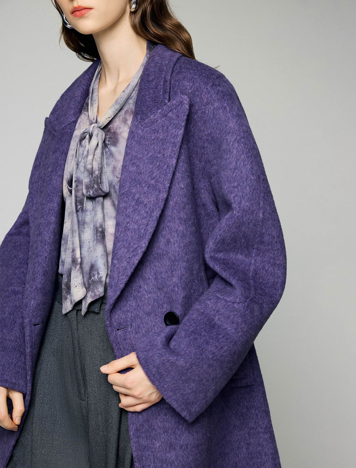Wool Blend Notched-Lapel Double-Breasted Relaxed Long Coat