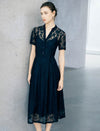 Navy Stand Collar Button Front Lace Midi Dress