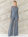 Dusty Blue Floral Lace High Neck Long Sleeve Top