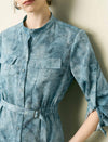 Textured Pattern Stand Collar Belt Detail Blouse