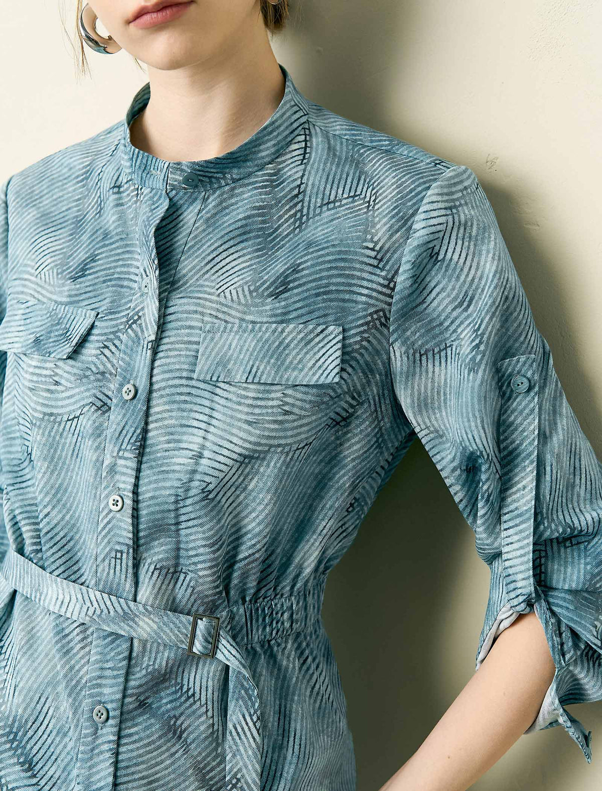 Textured Pattern Stand Collar Belt Detail Blouse