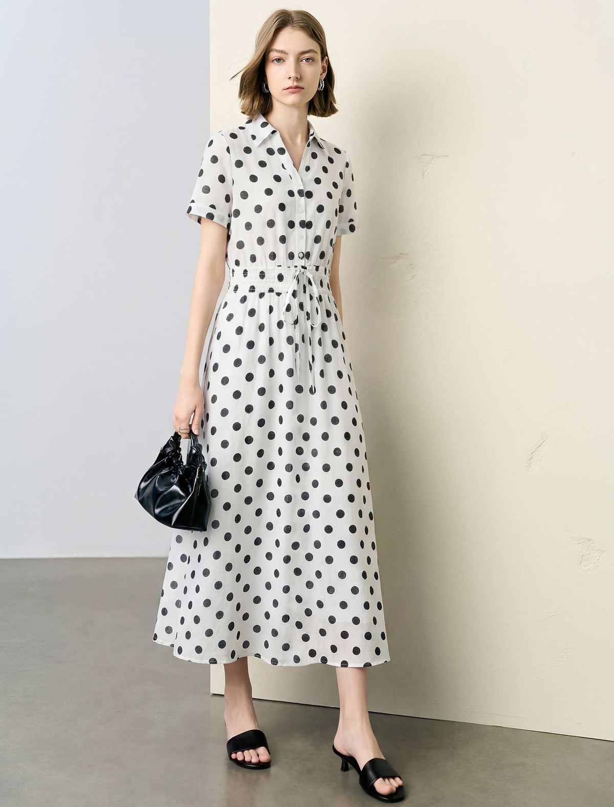 Polka Dot Waist Tie Shirt Dress