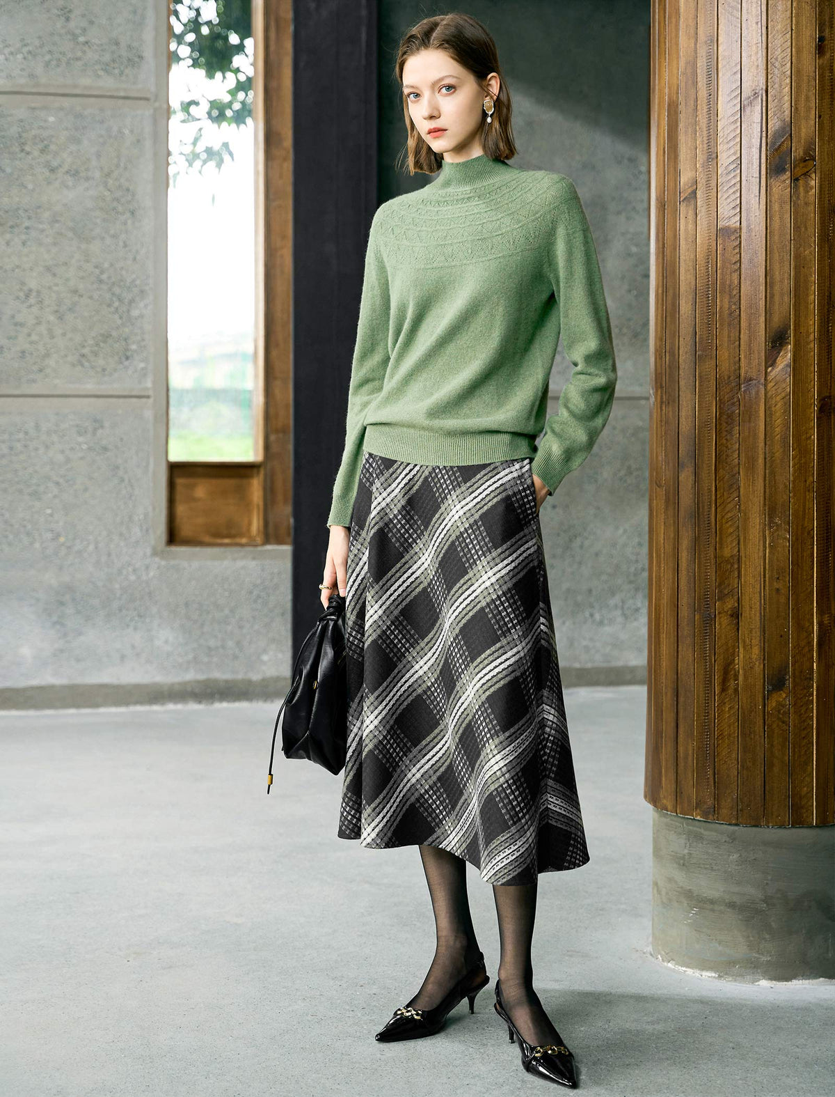 Plaid Bias-Cut A-Line Midi Skirt