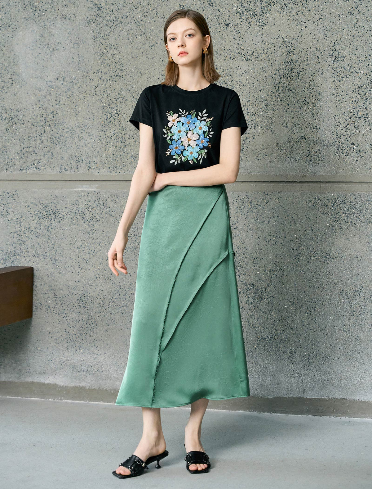 Sage Green Embossed Satin Wrap Midi Skirt