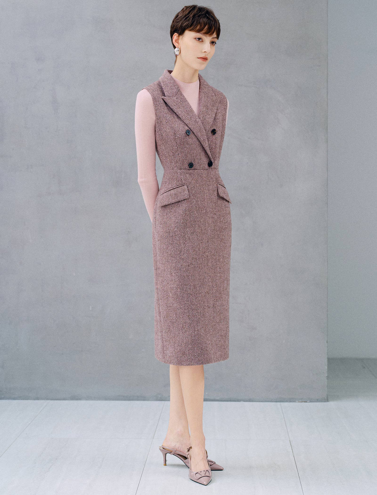 Wool Blend Double Breasted Sleeveless Vest Midi Dress