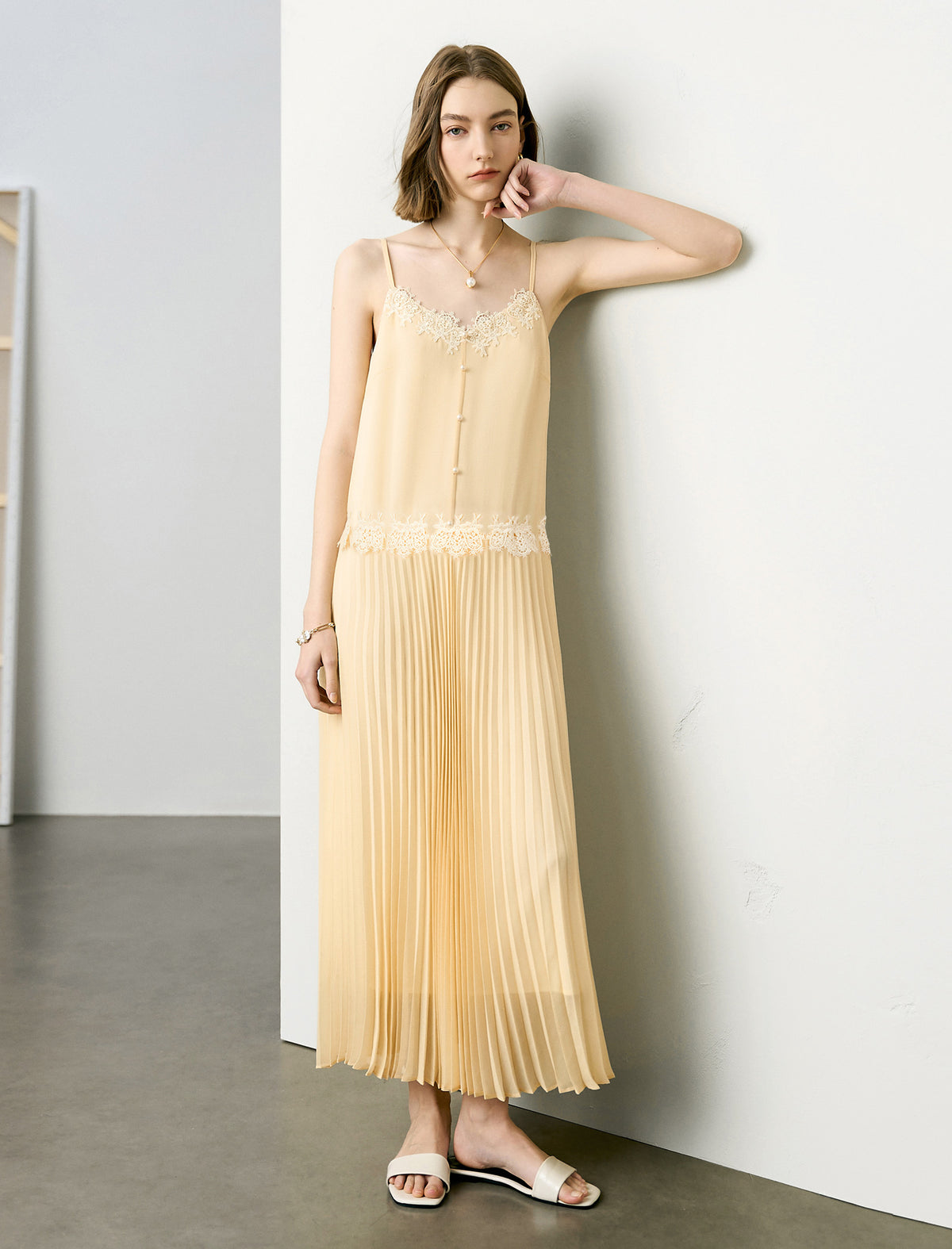 Chic Lace Embellished Pleated Slip Midi Dress