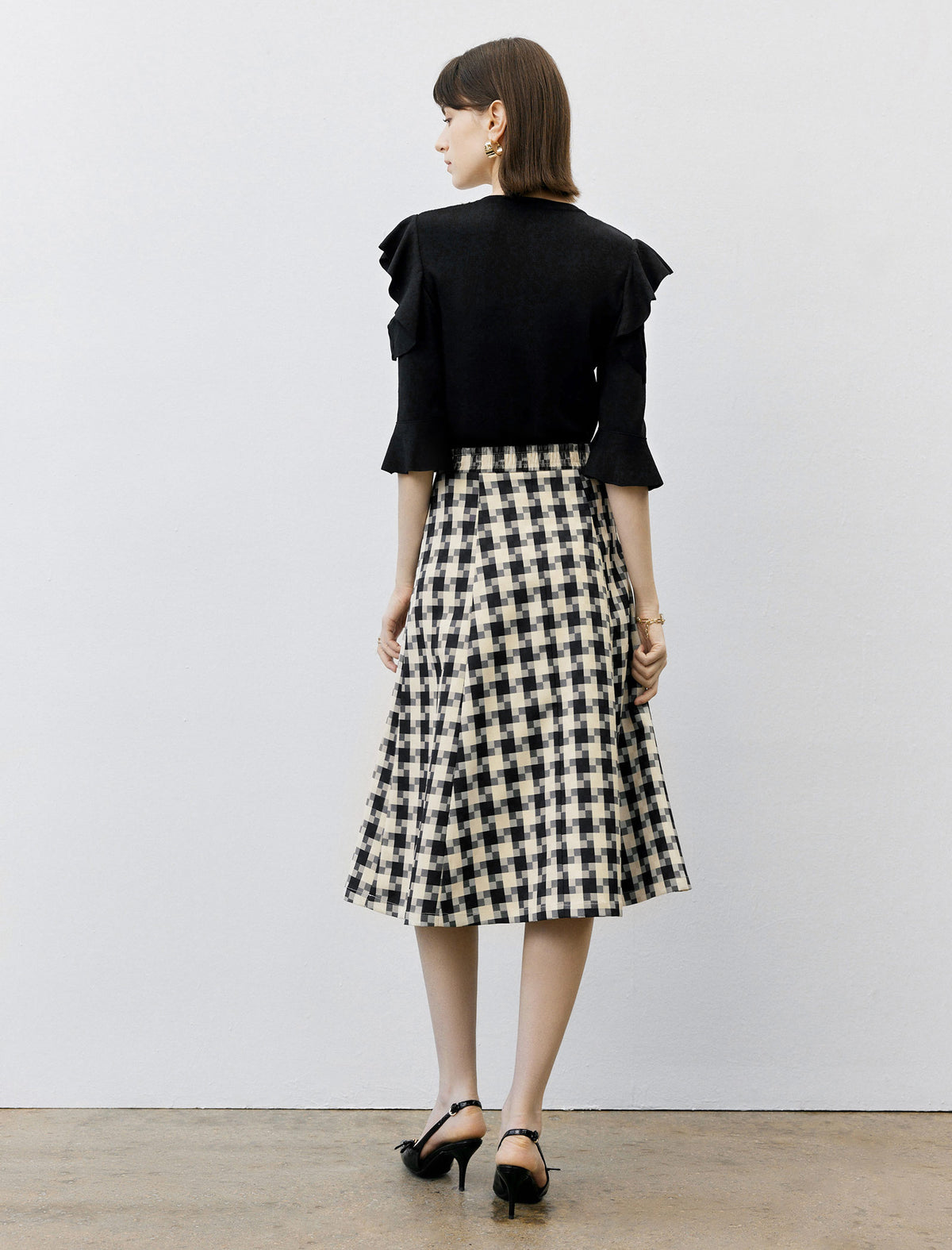 High Waist Pleated Houndstooth Midi Skirt